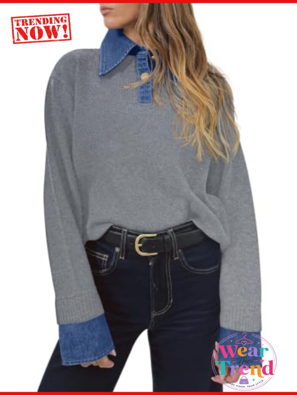 Denim Patchwork V Neck Polo Pullover Sweater Button Up Long Sleeve